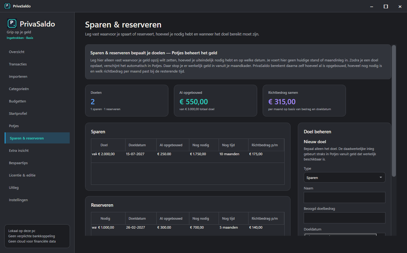 Het echte Sparen en reserveren-scherm van PrivaSaldo