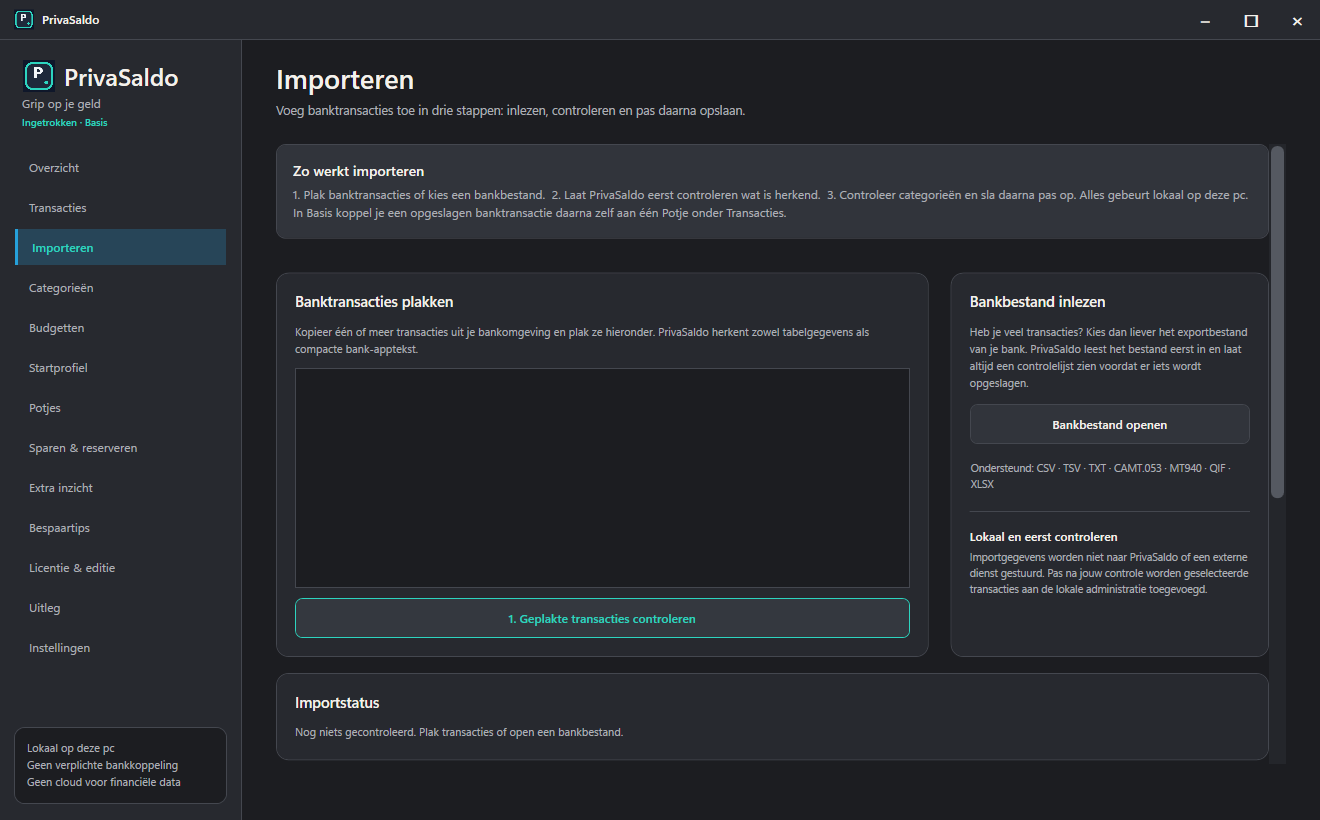 Het echte Importeren-scherm van PrivaSaldo